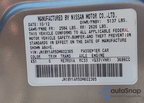 2013 Infiniti M37X from USA, damaged, VIN JN1BY1AR5DM602365
